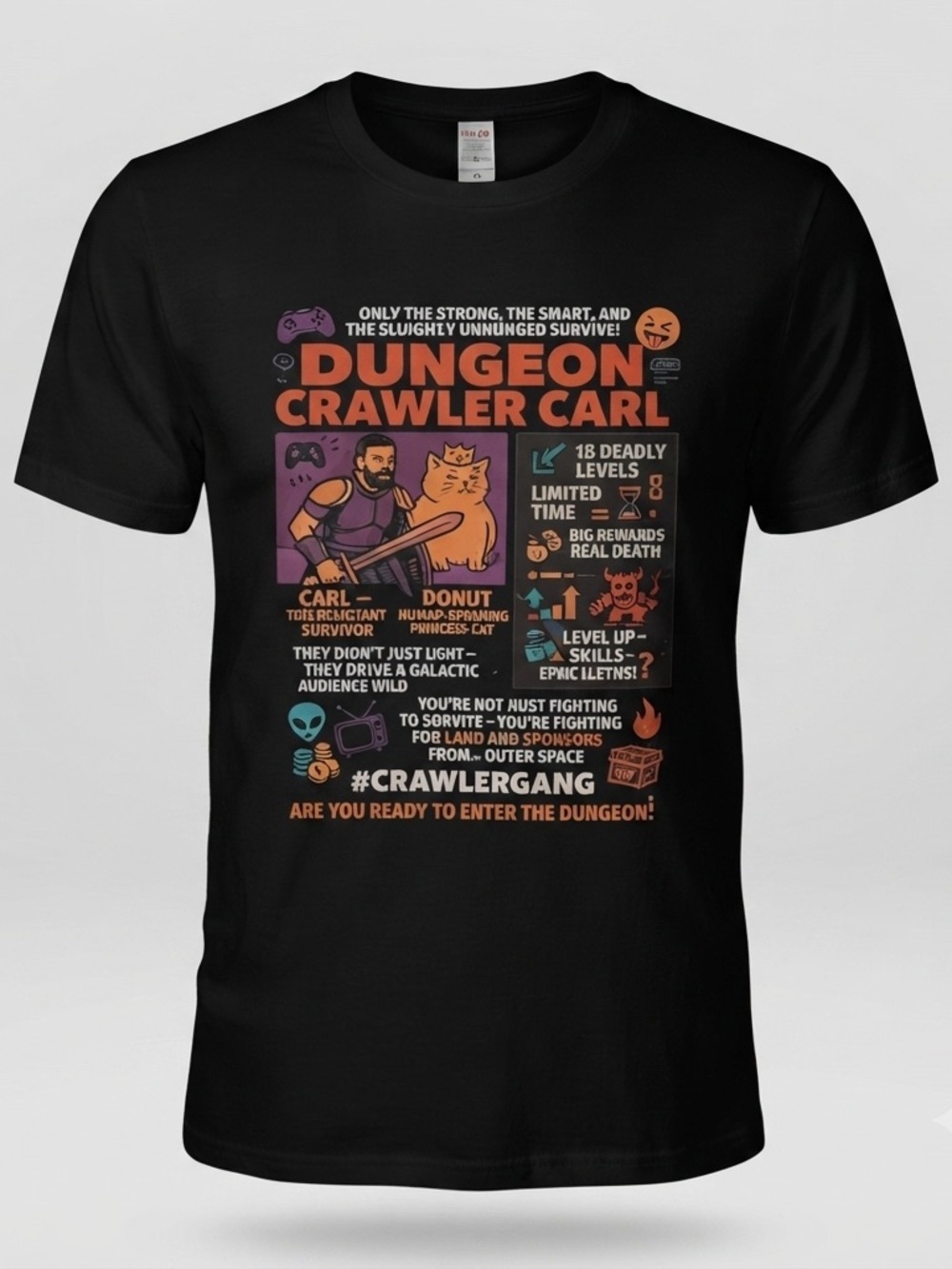 Dungeon Crawler Carl Inspired Graphic Tee Black XL NWOT Short Sleeve Gamer Shirt